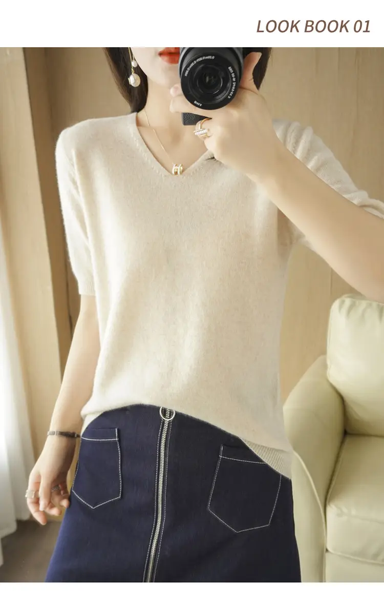 2025 V-Neck Red Knit T-Shirt Women — feature 8