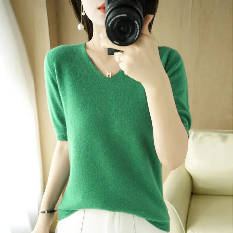 2025 V-Neck Red Knit T-Shirt Women - Image 6