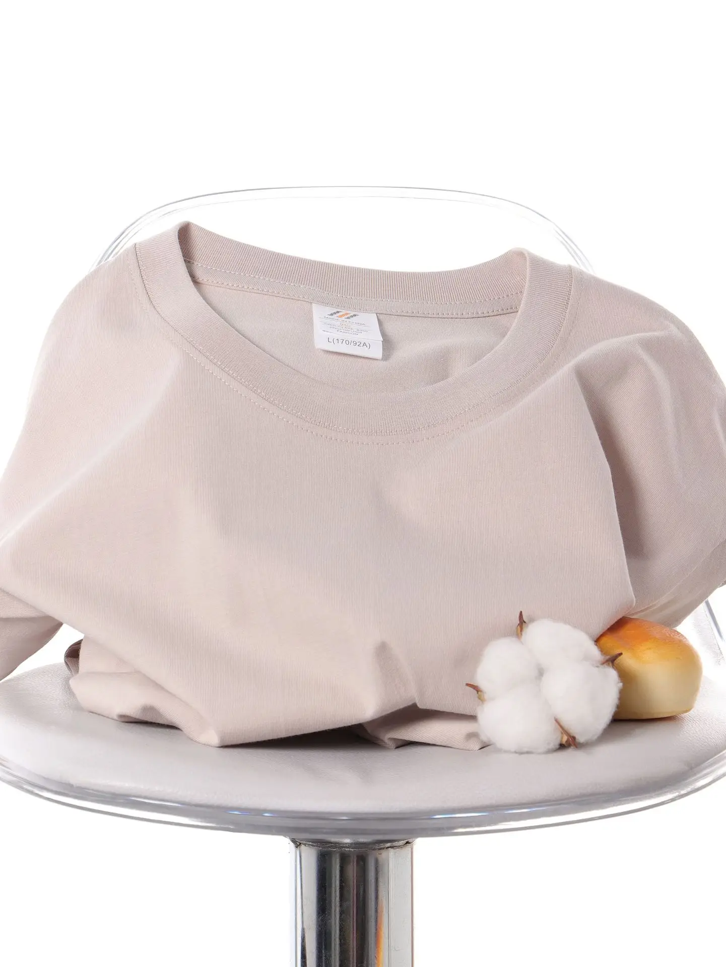 Men Women Cotton Loose Crewneck T-Shirt Solid Beige - Image 17