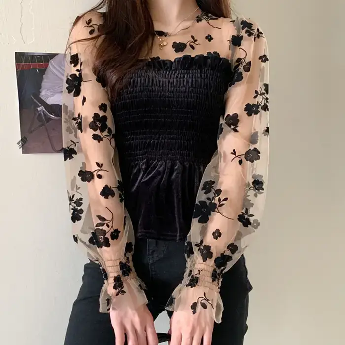 Goddess Style Lace Long Sleeve Velvet Blouse for Women - Image 3
