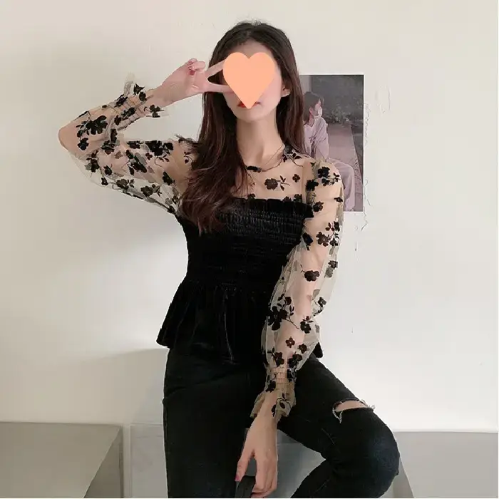 Goddess Style Lace Long Sleeve Velvet Blouse for Women - Image 5