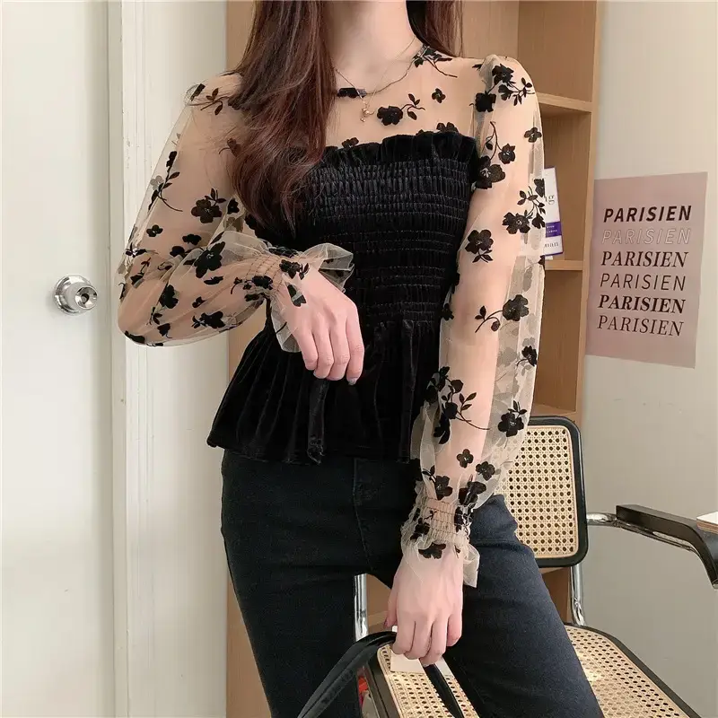 Goddess Style Lace Long Sleeve Velvet Blouse for Women — feature 6