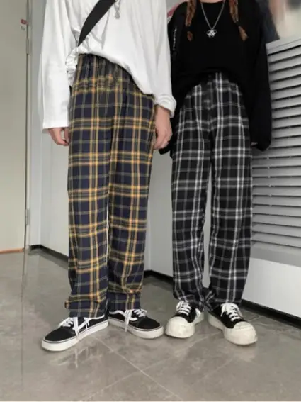 Women Plaid Wide Leg Pants Black White Autumn Winter - Image 2