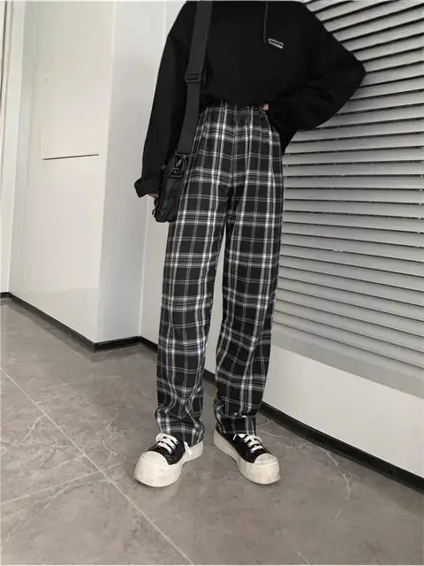 Women Plaid Wide Leg Pants Black White Autumn Winter - Image 5