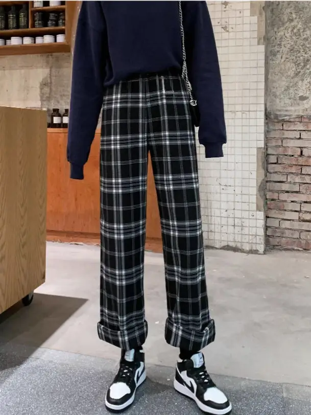 Women Plaid Wide Leg Pants Black White Autumn Winter - Image 6