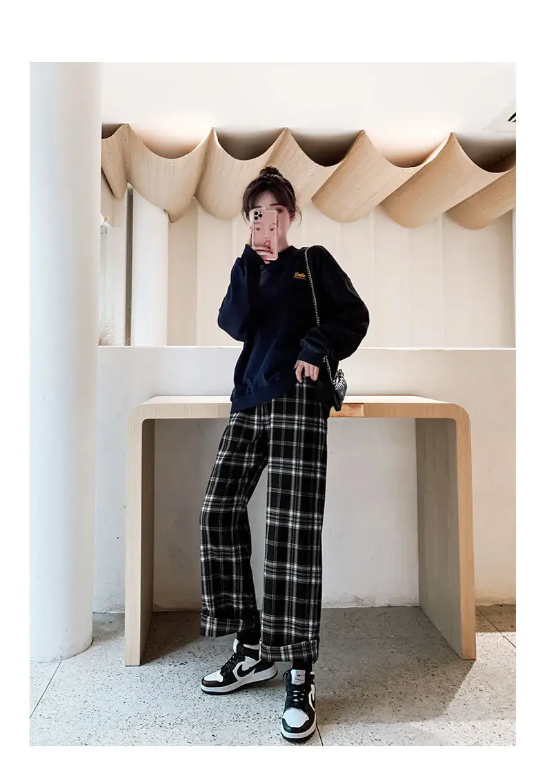 Women Plaid Wide Leg Pants Black White Autumn Winter — feature 10