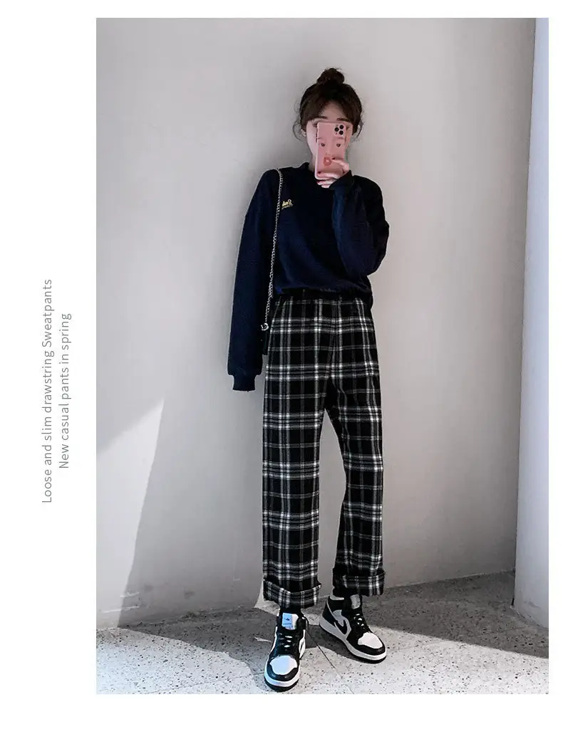 Women Plaid Wide Leg Pants Black White Autumn Winter — feature 11