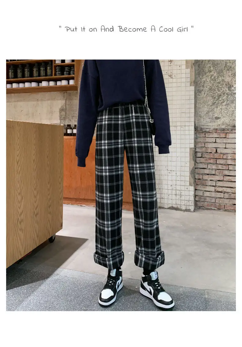 Women Plaid Wide Leg Pants Black White Autumn Winter — feature 12