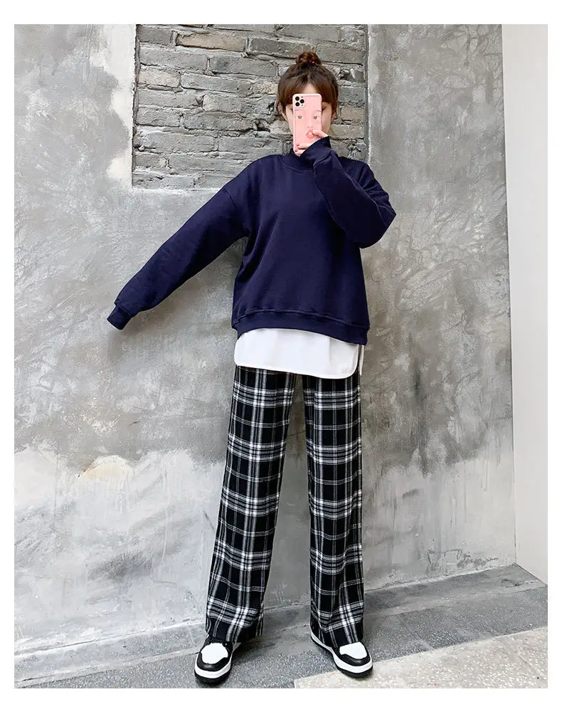 Women Plaid Wide Leg Pants Black White Autumn Winter — feature 13