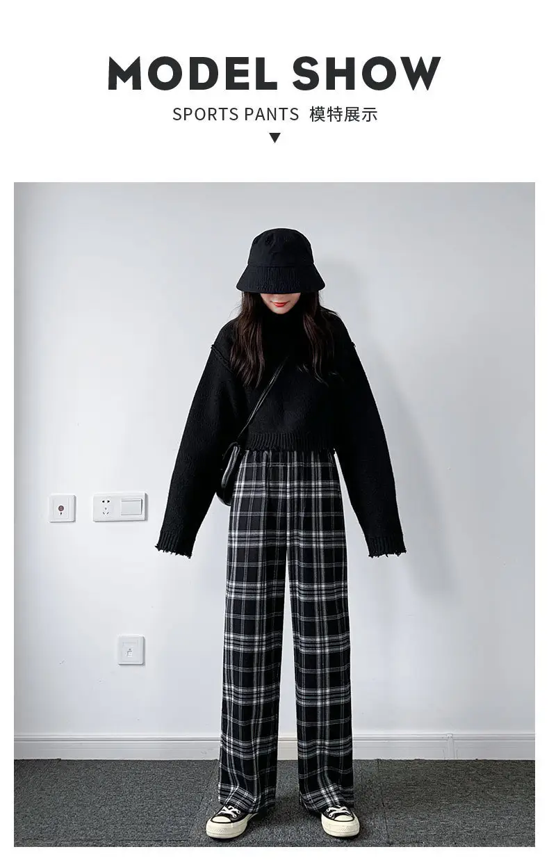 Women Plaid Wide Leg Pants Black White Autumn Winter — feature 5