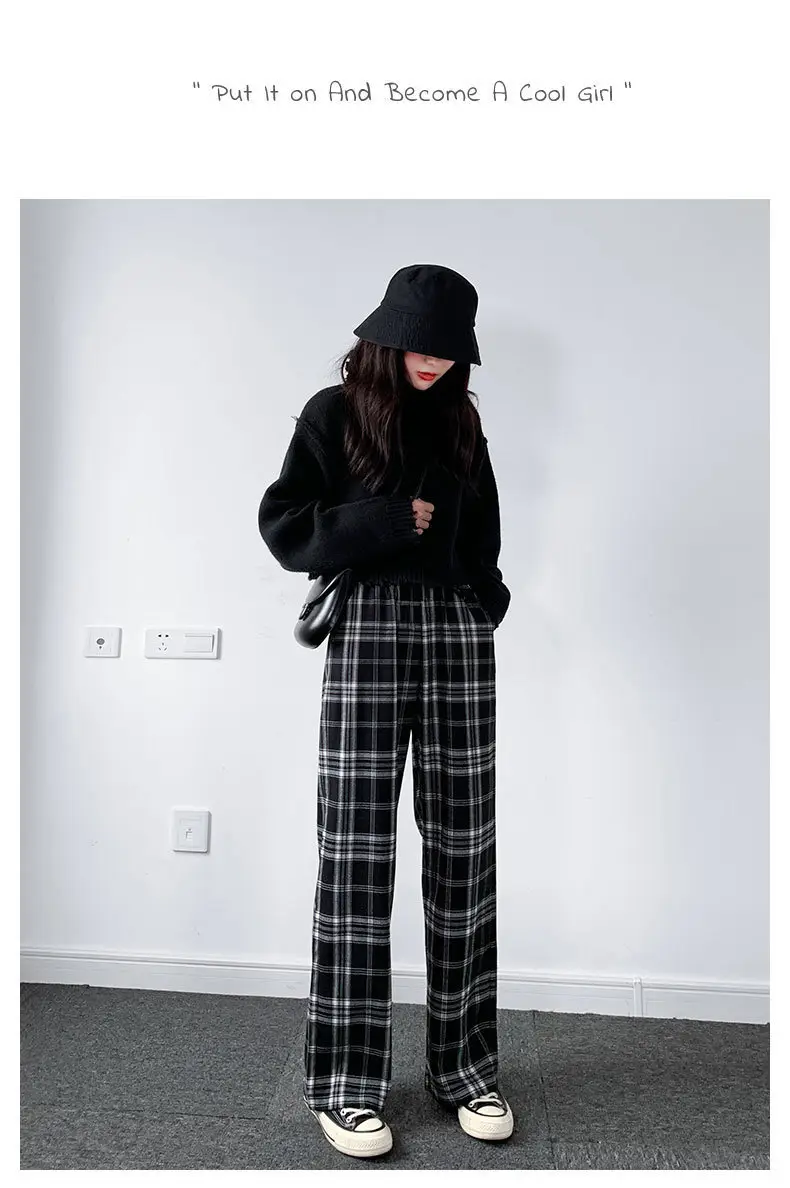 Women Plaid Wide Leg Pants Black White Autumn Winter — feature 6