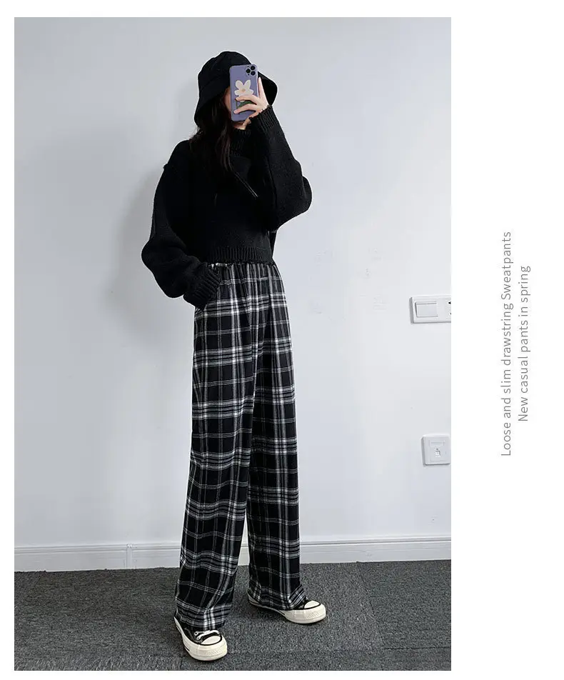 Women Plaid Wide Leg Pants Black White Autumn Winter — feature 7