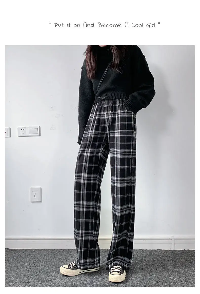 Women Plaid Wide Leg Pants Black White Autumn Winter — feature 8