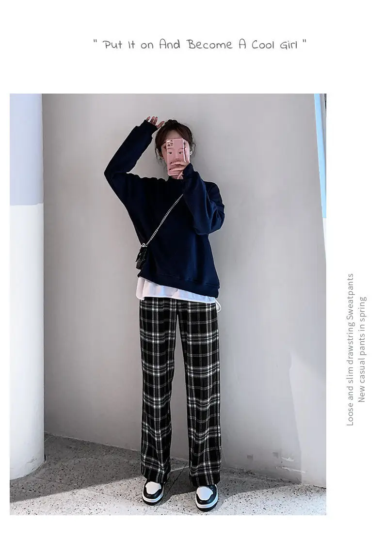Women Plaid Wide Leg Pants Black White Autumn Winter — feature 9