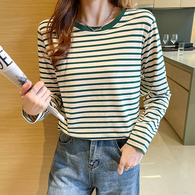 Women Striped Long Sleeve Cotton T-Shirt Long Sleeve Loose Fit