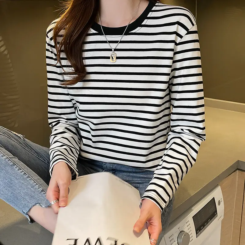 Women Striped Long Sleeve Cotton T-Shirt Long Sleeve Loose Fit - Image 4