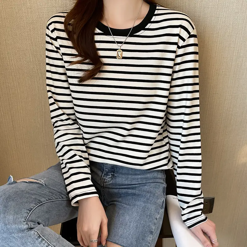 Women Striped Long Sleeve Cotton T-Shirt Long Sleeve Loose Fit - Image 6