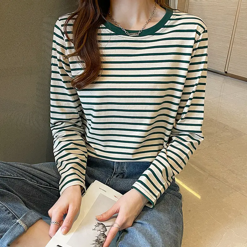 Women Striped Long Sleeve Cotton T-Shirt Long Sleeve Loose Fit - Image 7