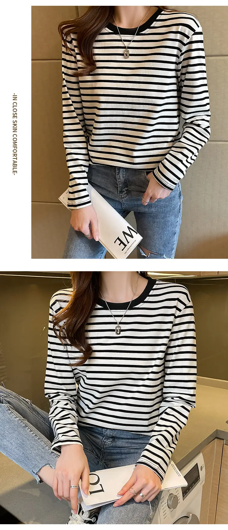 Women Striped Long Sleeve Cotton T-Shirt Long Sleeve Loose Fit — feature 11