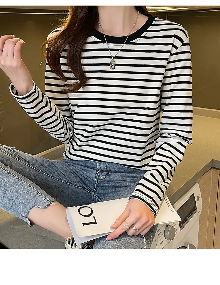 Women Striped Long Sleeve Cotton T-Shirt Long Sleeve Loose Fit — feature 12