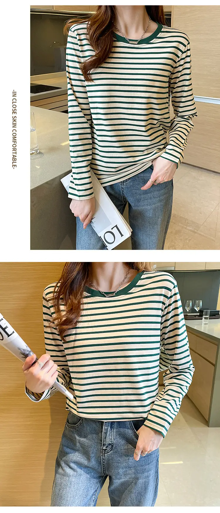Women Striped Long Sleeve Cotton T-Shirt Long Sleeve Loose Fit — feature 8