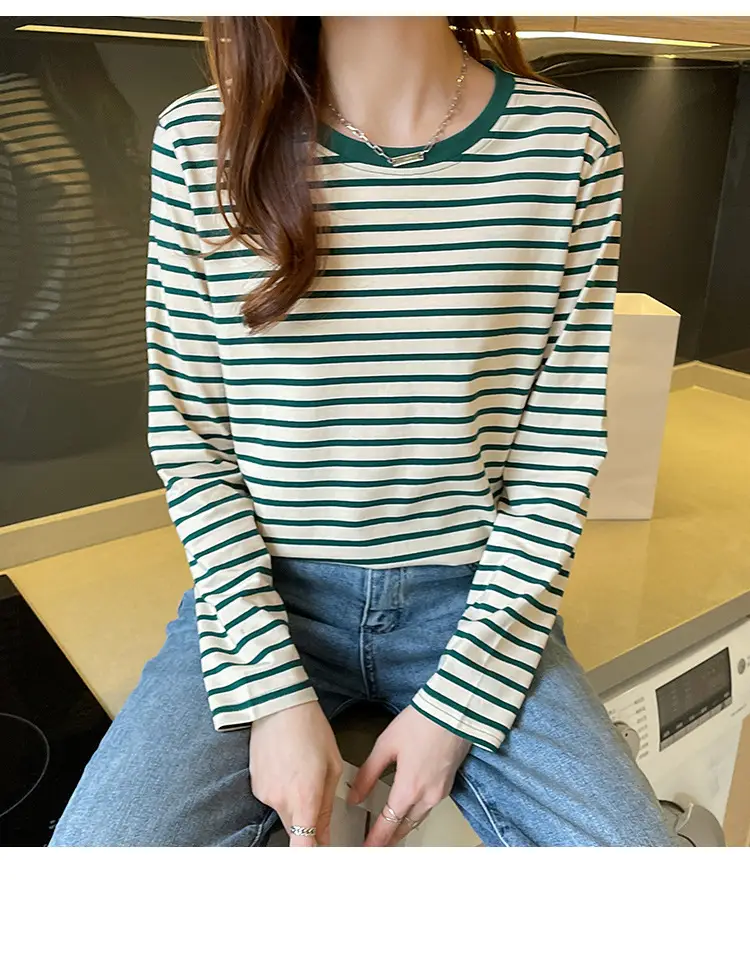 Women Striped Long Sleeve Cotton T-Shirt Long Sleeve Loose Fit — feature 9