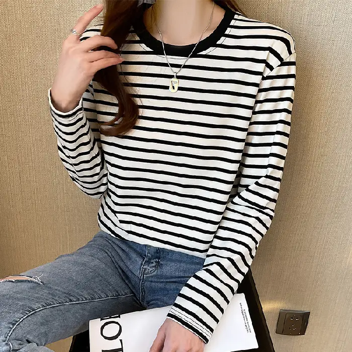 Women Striped Long Sleeve Cotton T-Shirt Long Sleeve Loose Fit - Image 2
