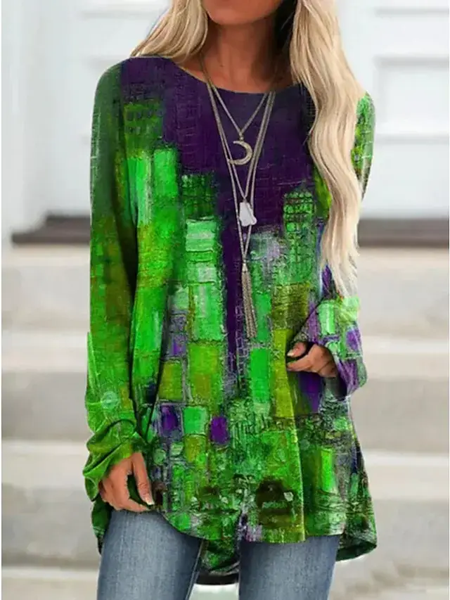 Women's 2022 Digital Printed Long Sleeve Shirt Purple Green
