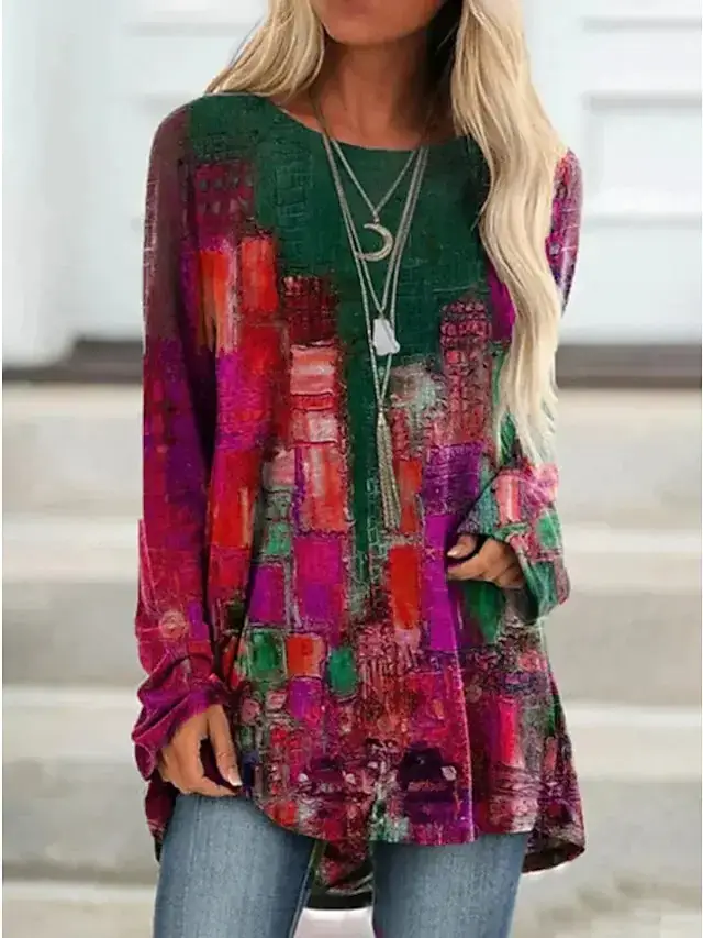 Women's 2022 Digital Printed Long Sleeve Shirt Purple Green