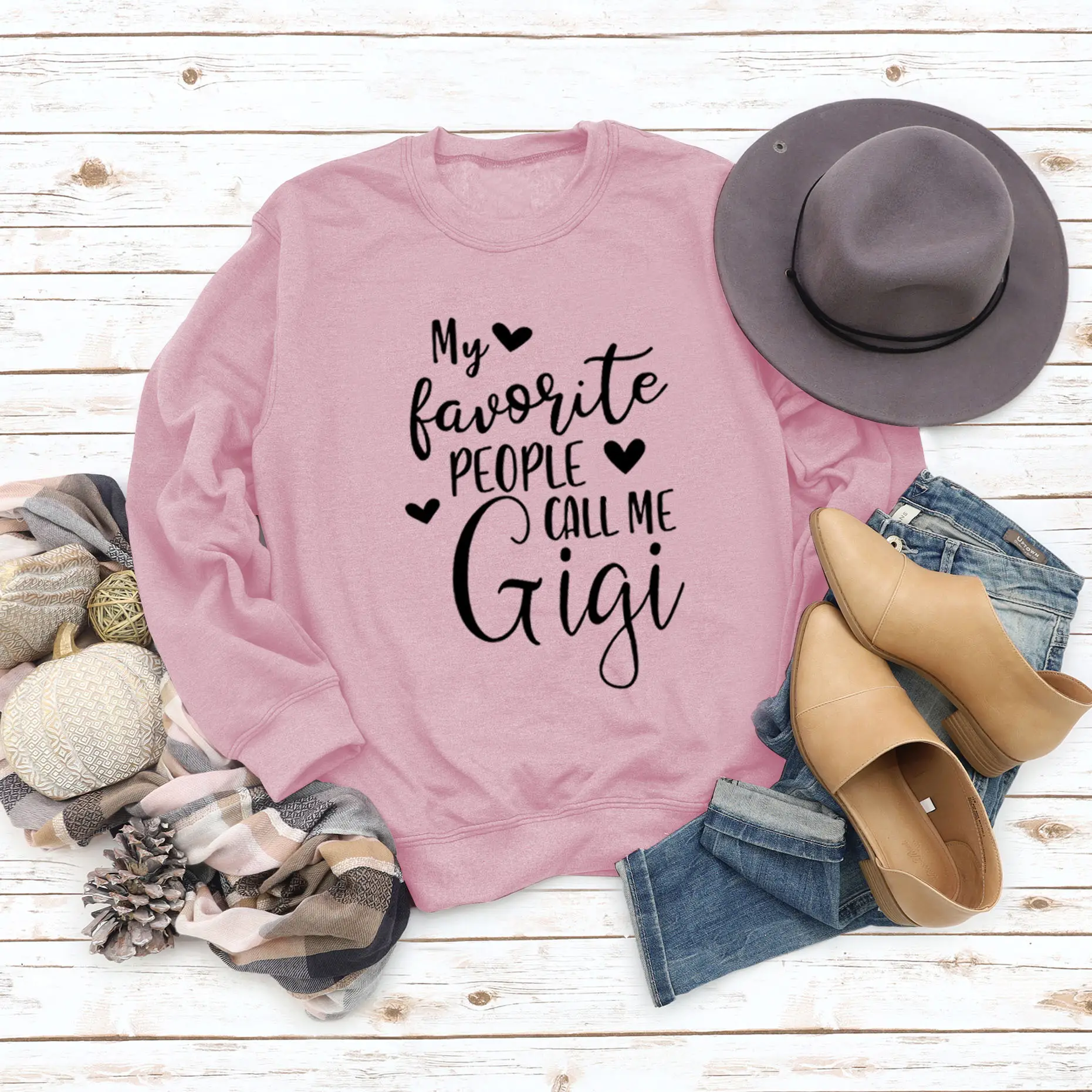 Women's Pink Printed Sweatshirt My Favorite People Gigi Round Neck Large - Image 3