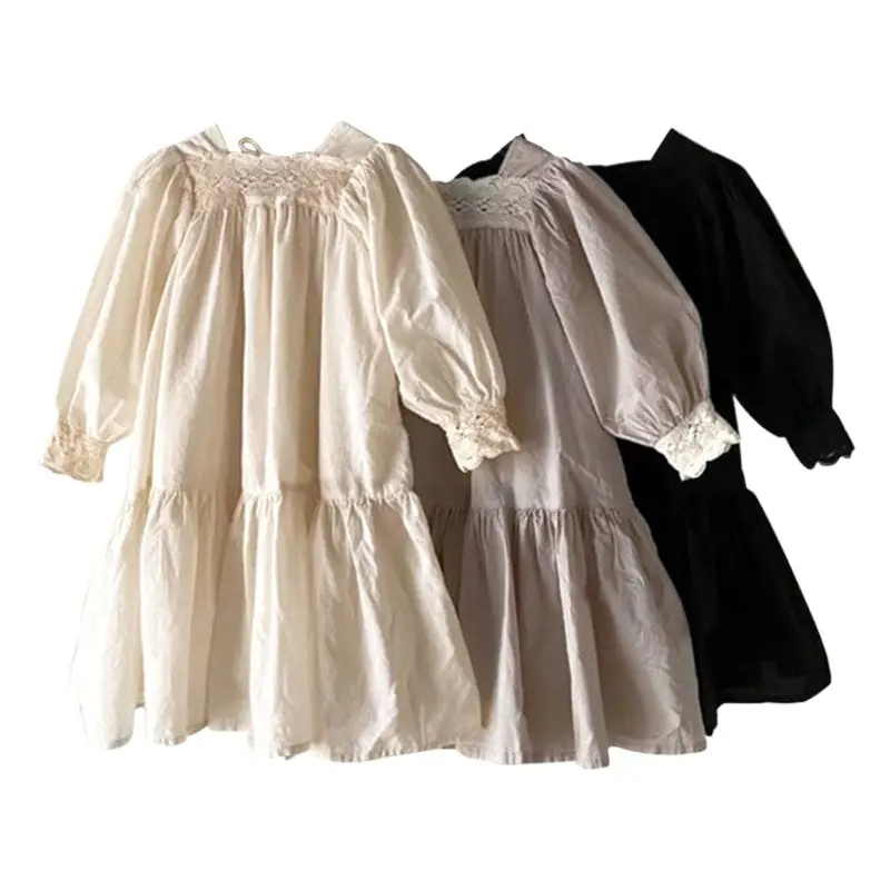Girls Lace Collar Puff Sleeve Dress Autumn Korean Style