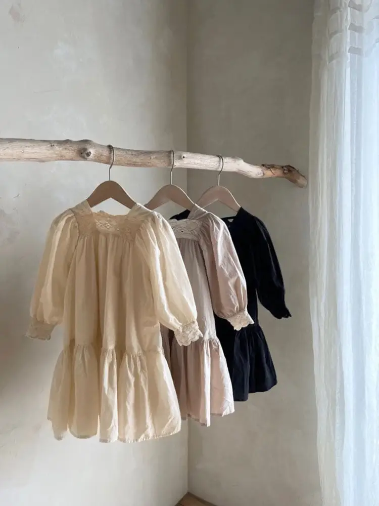 Girls Lace Collar Puff Sleeve Dress Autumn Korean Style — feature 17