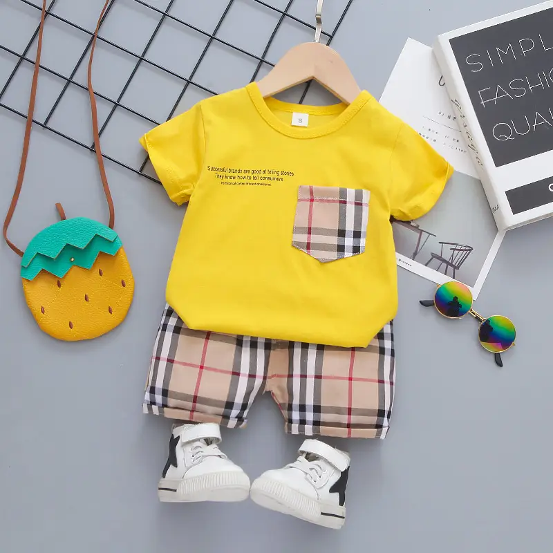 New Summer Boys Plaid T-Shirt Shorts Set Yellow - Image 5