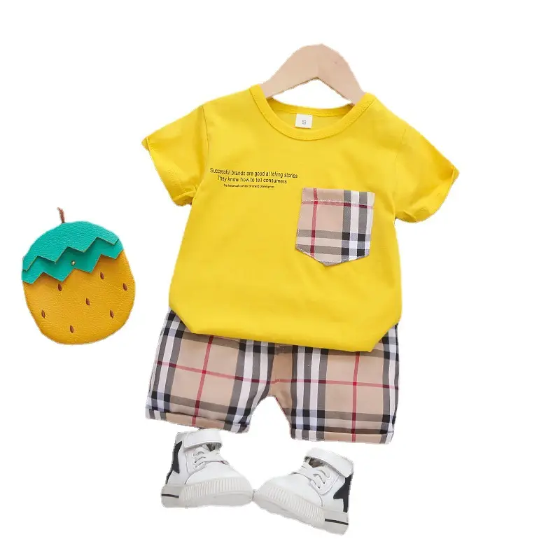 New Summer Boys Plaid T-Shirt Shorts Set Yellow - Image 7