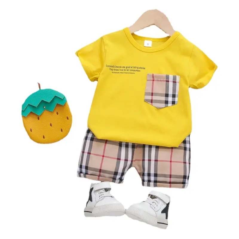 New Summer Boys Plaid T-Shirt Shorts Set Yellow