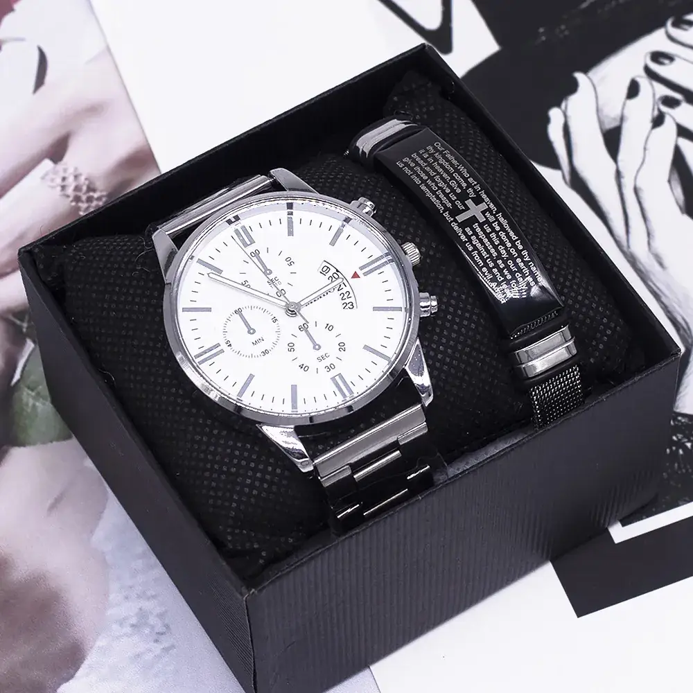 Men's Stainless Steel Chronograph Wristwatch White Dial - Image 2