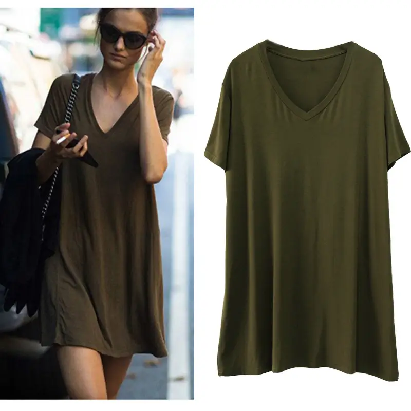 Olive Green V Neck Loose Fit T-Shirt Large