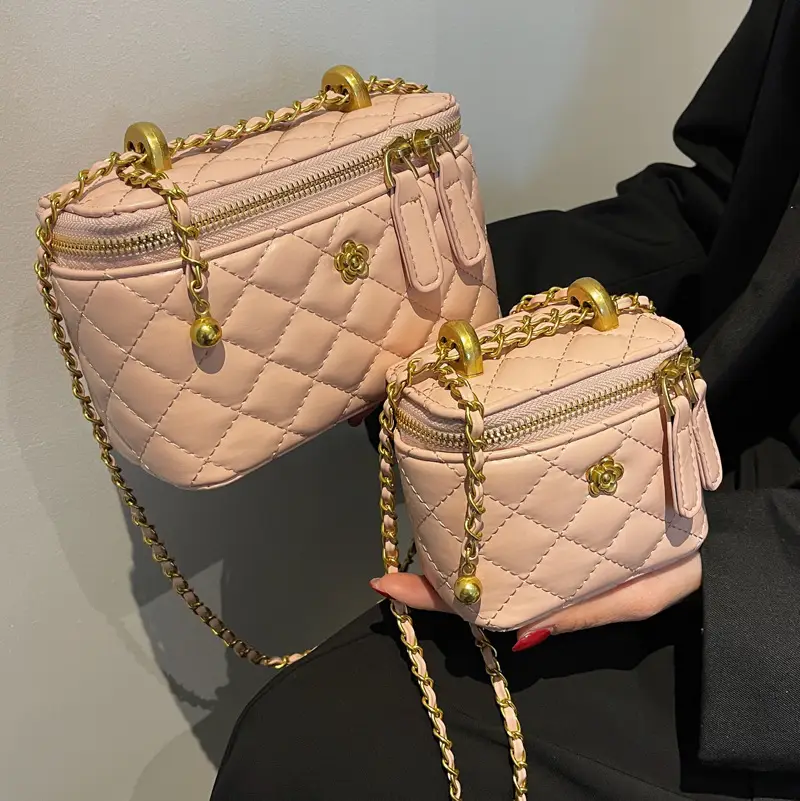 Pink Quilted Chain Shoulder Bag Set for Women - Image 12