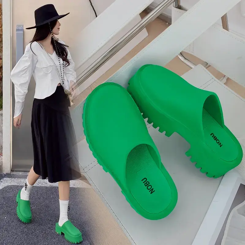 Women's Green Thick Platform Slippers 2023