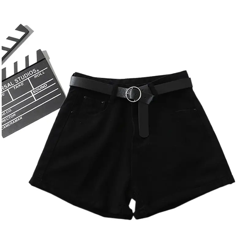 Women Black Denim Shorts High Waist Slimming Casual