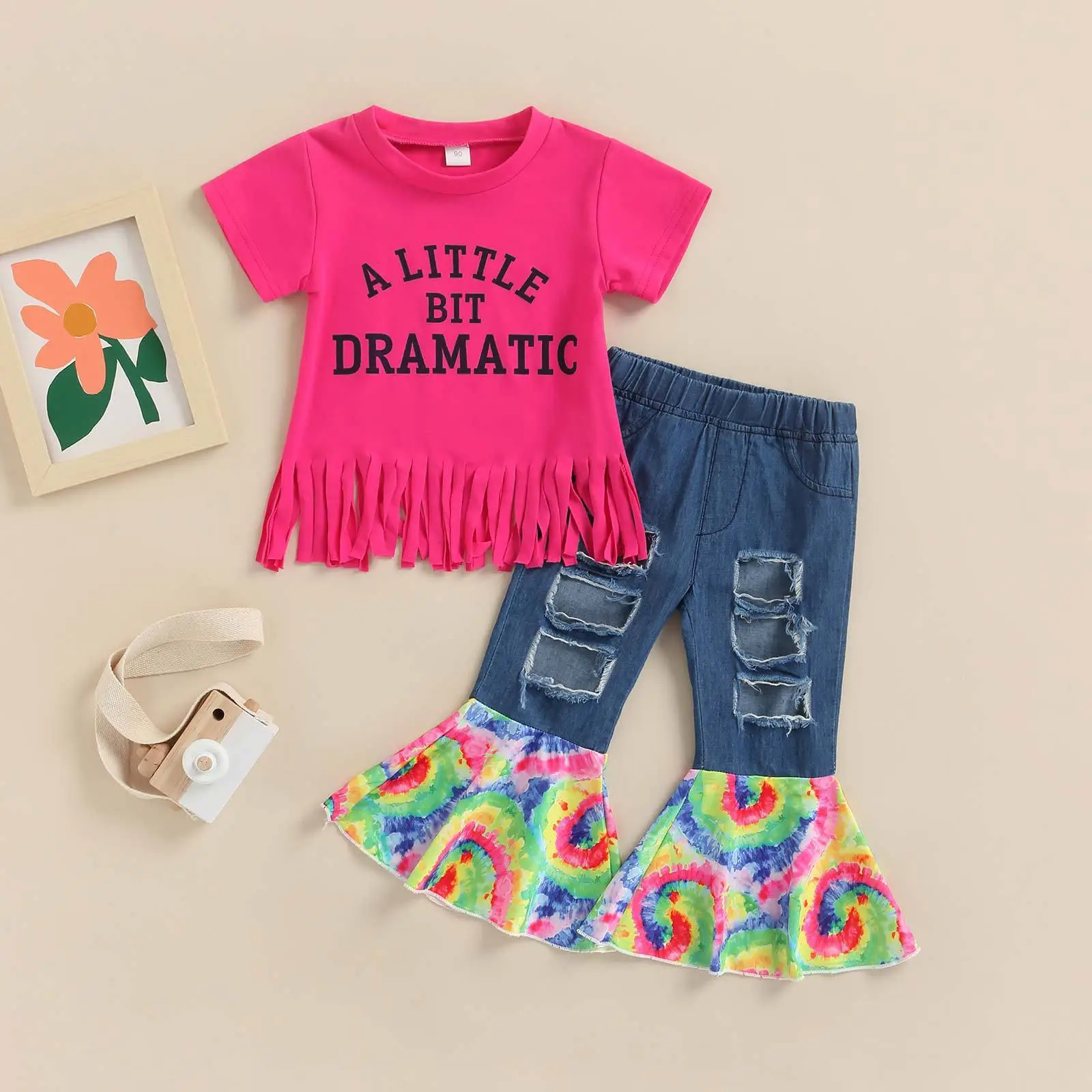 Girls Pink Letter T-shirt Two-piece Set - Image 3