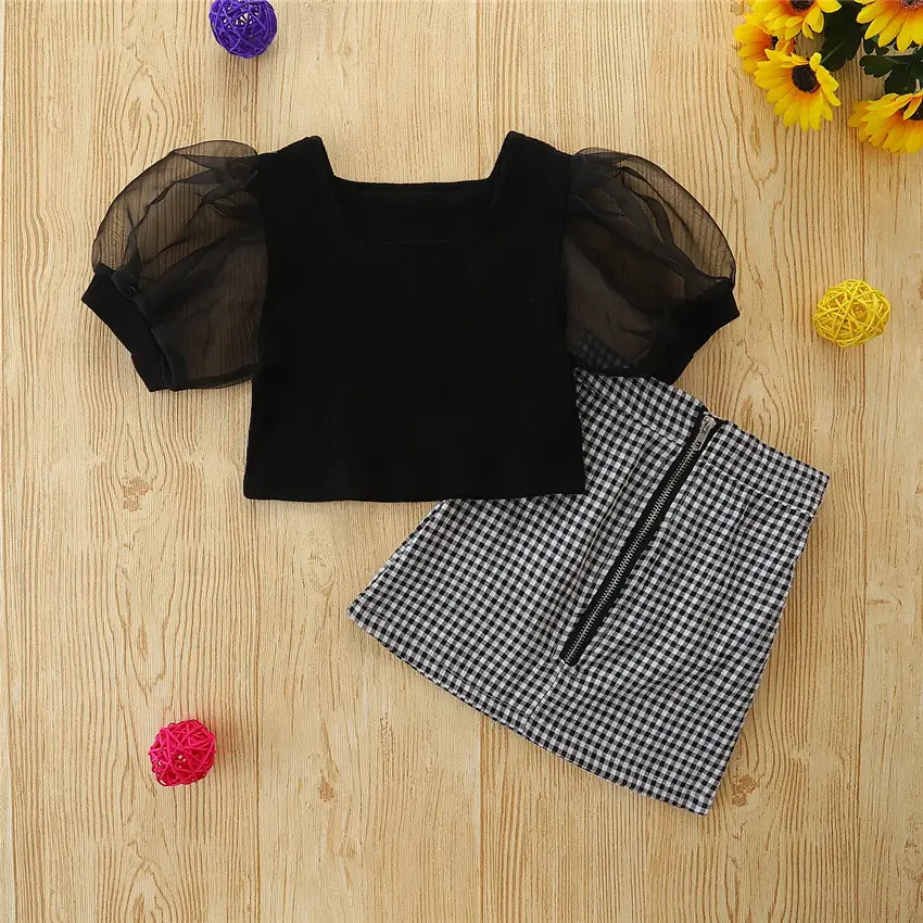 Girls Houndstooth Skirt Top Set Black Puff Sleeve - Image 2