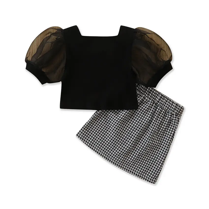 Girls Houndstooth Skirt Top Set Black Puff Sleeve - Image 5