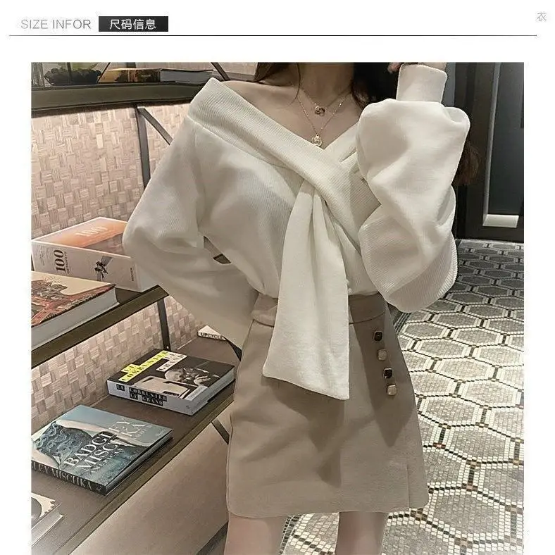 Women Cross V-Neck Sweater Dress White Brown Skirt - Image 4