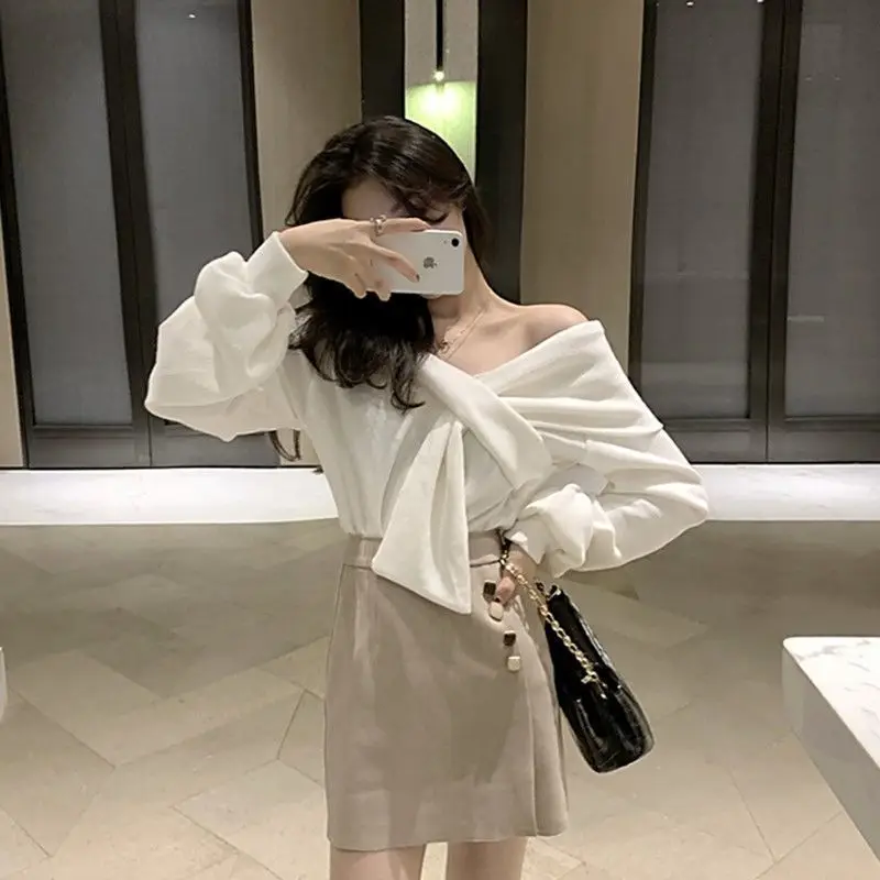 Women Cross V-Neck Sweater Dress White Brown Skirt - Image 5