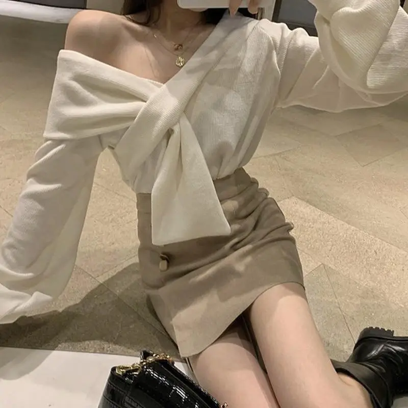 Women Cross V-Neck Sweater Dress White Brown Skirt - Image 6