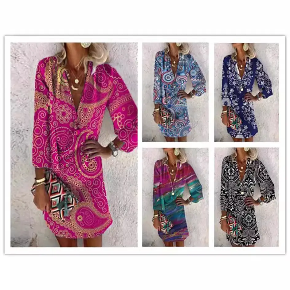 Hot Summer Printed V-Neck Long Sleeve Dress