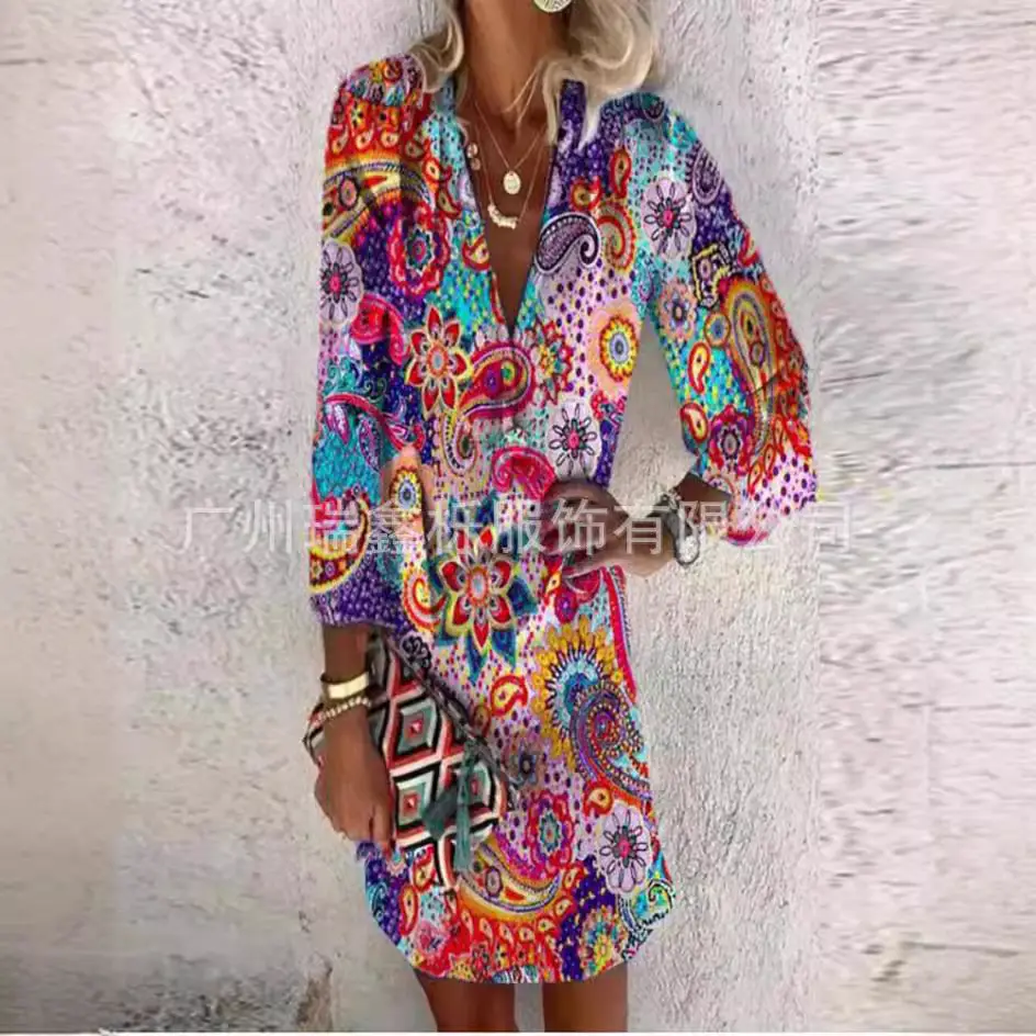 Hot Summer Printed V-Neck Long Sleeve Dress - Image 37