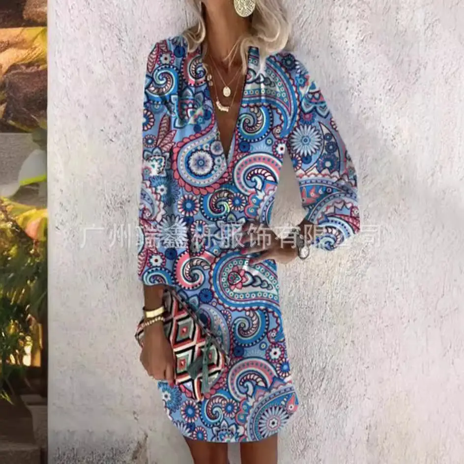 Hot Summer Printed V-Neck Long Sleeve Dress - Image 38