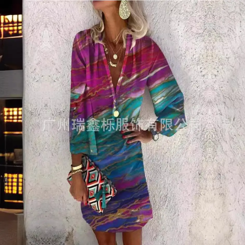Hot Summer Printed V-Neck Long Sleeve Dress - Image 39